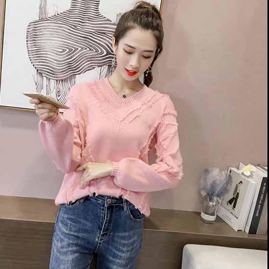 Pofulove Long Sleeve Tassel Sweater Solid Color V-neck Loose Thicken Bottoming Knitwear Jumper Top