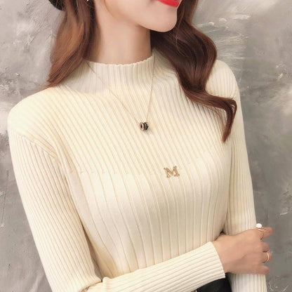 Pofulove Half Turtleneck Sweater Women Long-sleeved Short Pullover Autumn Winter Knit Shirt Thick