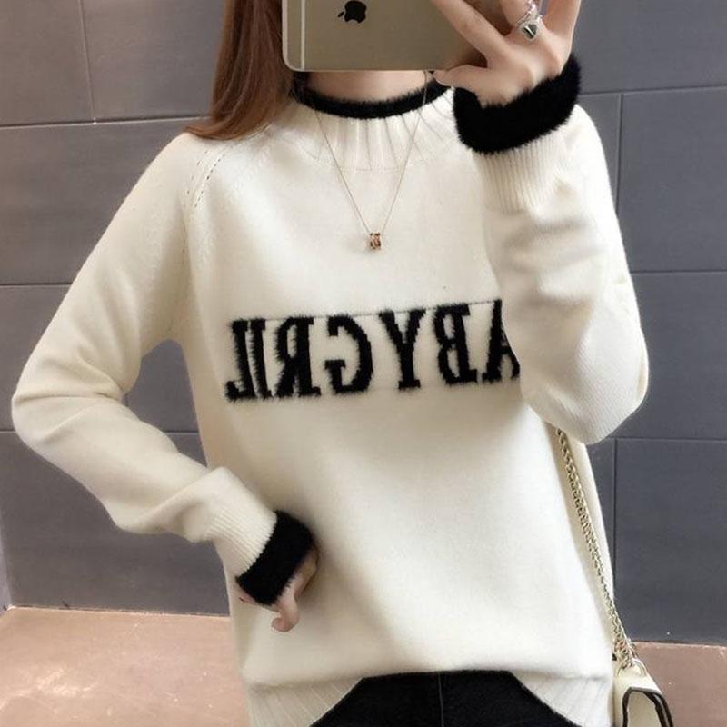 Pofulove women's Embroidered sweater fine-knit pullover sweater mock turtleneck fluffy plush cuffs