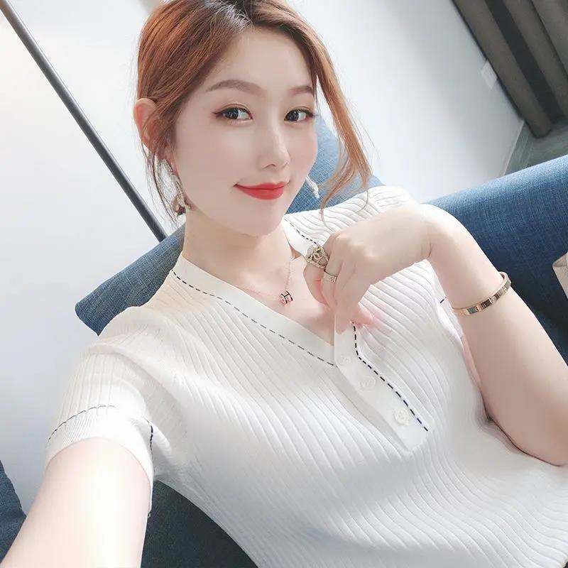 Women Slim Sweater Shirt Cutout Thin Pullover V-Neck Short Sleeve Sweater Casual Comfortable Shirt Spring