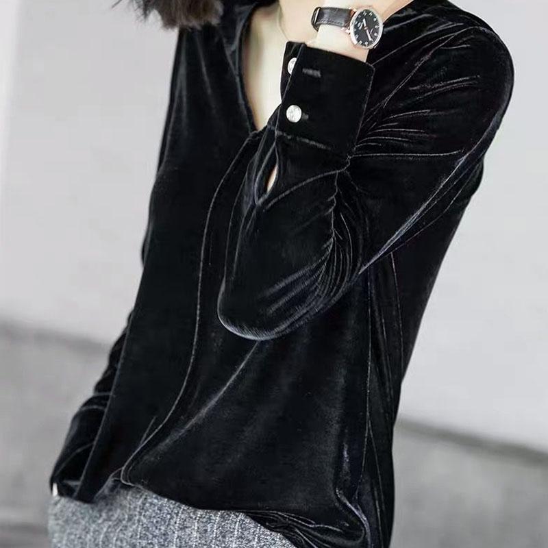 V-Neck Gold Velvet Pullover Tops Women Autumn Solid Slim Long Sleeve T-Shirt Elegant Bottoming Tees