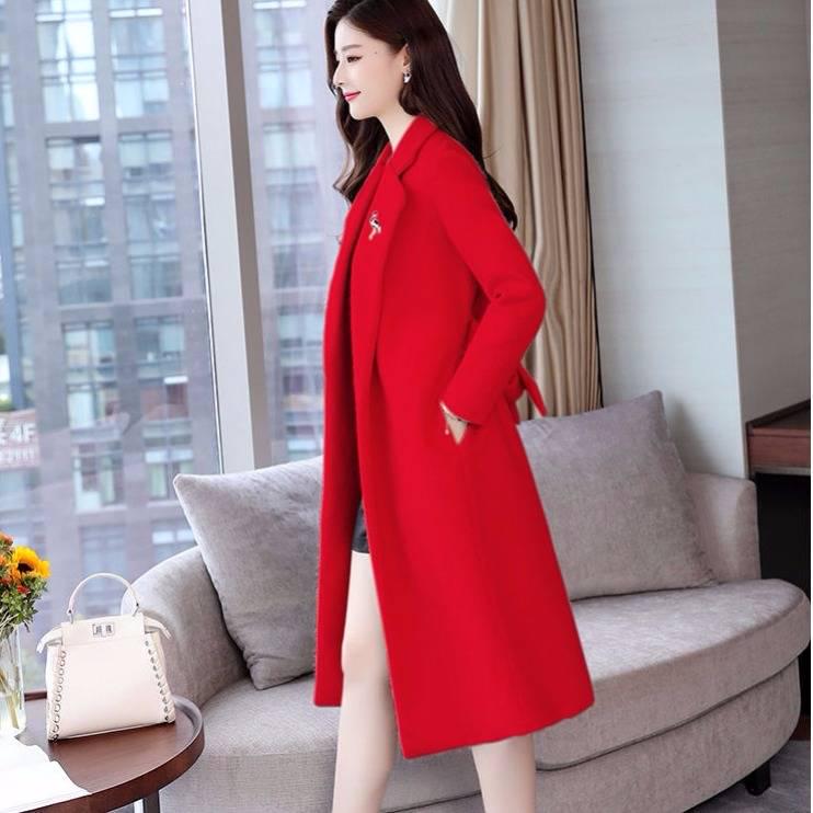 Wool Blend Winter Coat Women Long Sleeve Elegant Belt Female Outwear Coat Autumn Streetwear Coat