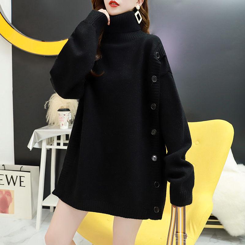 Autumn Winter Thick Warm Turtleneck  Sweater Women Casual Loose Button Knit Sweater Base or Outer Wear