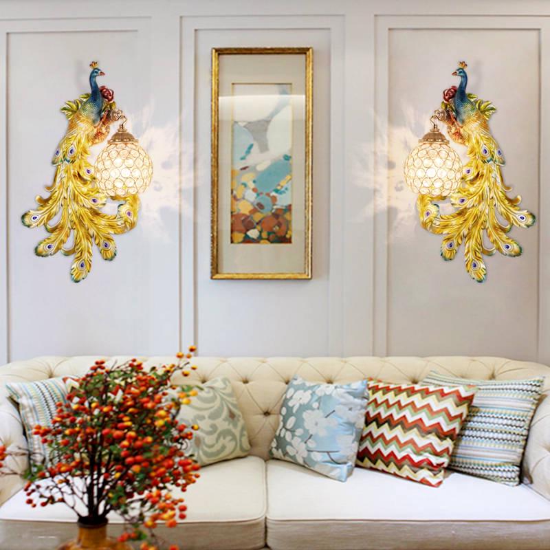 Retro peacock crystal LED wall lamp living room background bedroom bedside peacock phoenix wall lamp