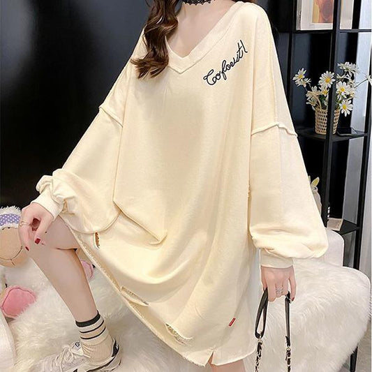 Mid-length Loose Plus Size Sweater Women Long-sleeved V-neck Ripped Tops Spring and Autumn Thin Bottoming Shirt