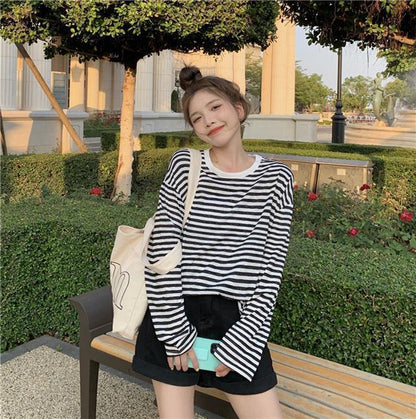 Fall Version of striped Loose Simple Long-sleeved T-shirt Women Simple top Blouse Tee