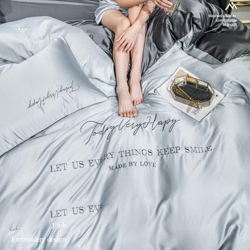Silky Nude Sleeping Ice Silk Four-piece Set Pure Color Washed Silk Bed Sheet Duvet Cover Pillow Case Bedding