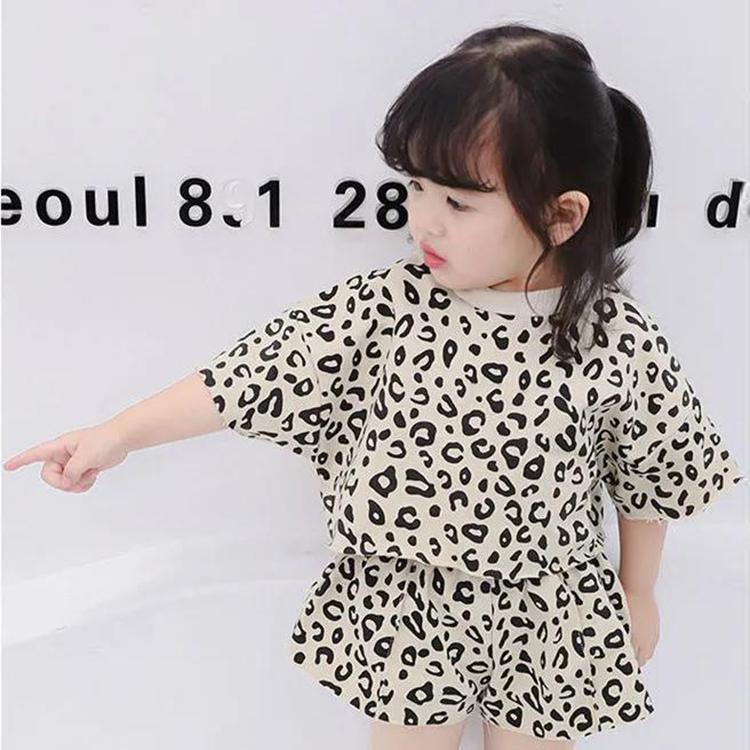 Girls' New Leopard Print Baby Summer Indoor Air-conditioning Suit Short-sleeved Shorts 2-piece Set