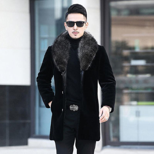 Mink Fur Coat Winter Men Mid-length Mink Fur Coat Men's Fox Fur Collar Jacket Cotton Coat