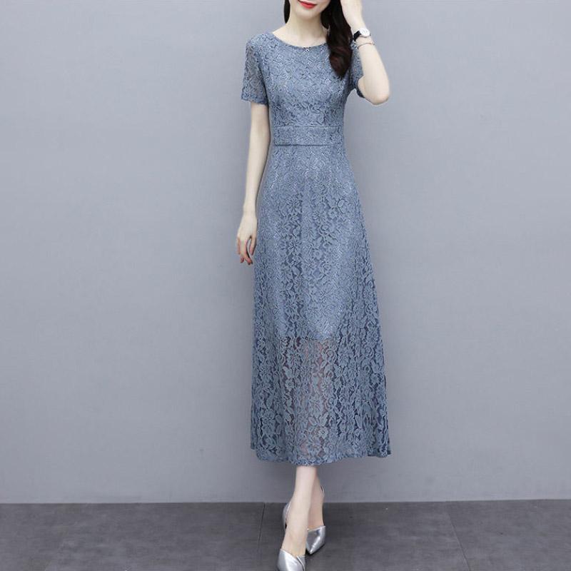 Korean Version Black High-end Lace Dress Female Spring Summer Short Sleeve Round Neck Long Dress