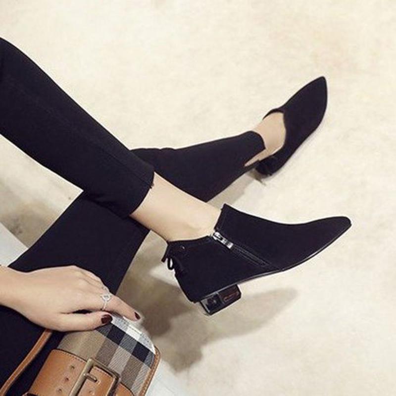 Women's Boots High Heel Warm Pu Zip Pointed Toe Ankle Chelsea Shoes Thick Heel Fashion