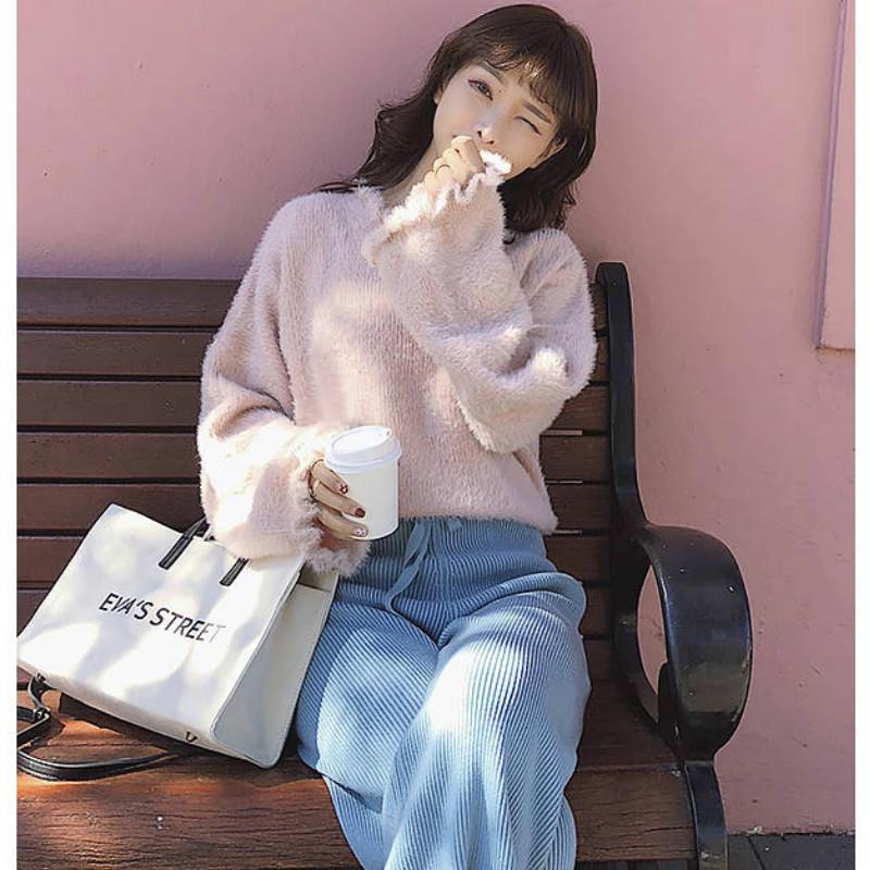 Pofulove Mohair Girly Ruffles Cuffs Turtleneck Warm Knitwear Skin-friendly Losse Pullover Sweater