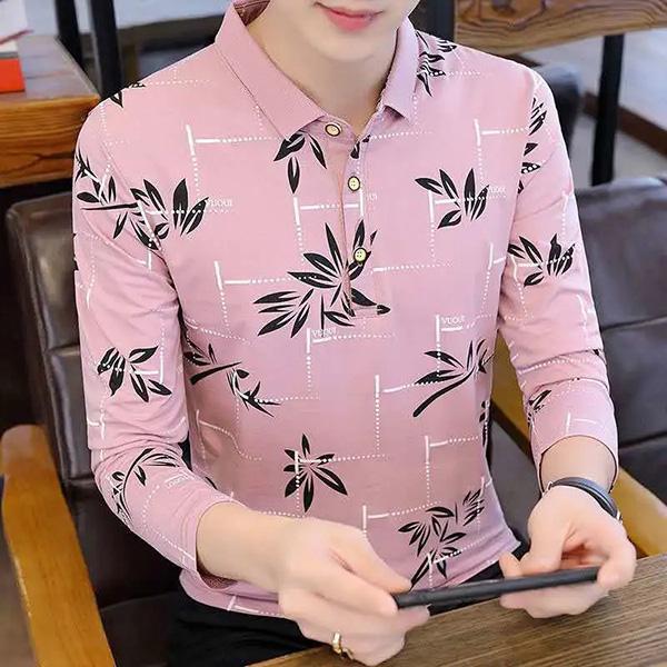 Spring Men's Long-sleeved Floral Printing Polo T-shirt Stitching Color Lapel Shirt Youth Trend Bottoming Shirt Men's Collar Top