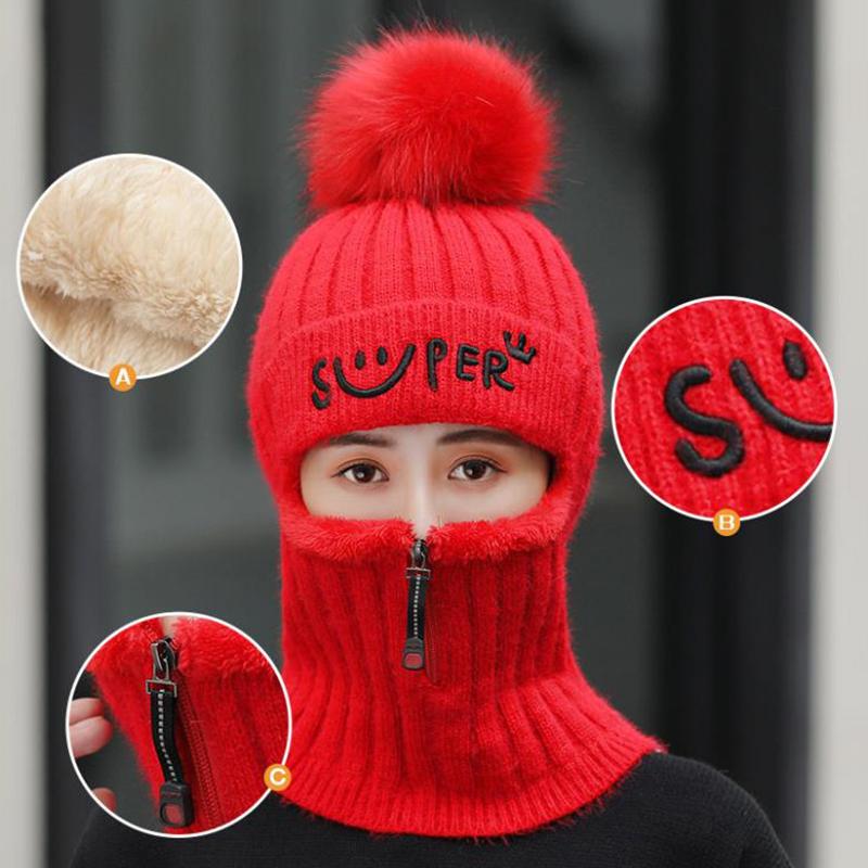 Zipper Hat Autumn and Winter Knitted Ear Protection Woolen Cap Mask Warmth and Velvet Thickening All-match Cycling Hood