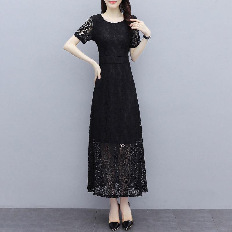 Korean Version Black High-end Lace Dress Female Spring Summer Short Sleeve Round Neck Long Dress