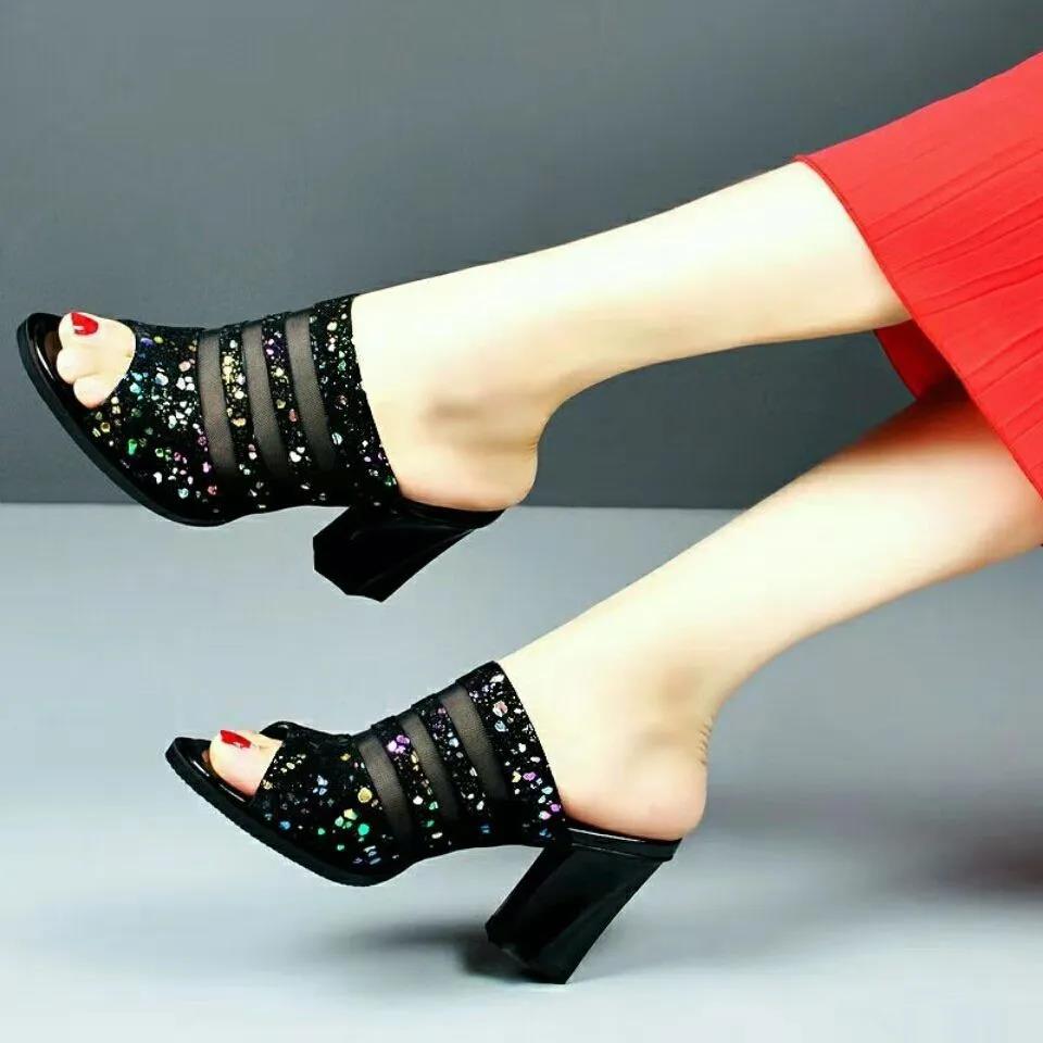Women's Spring and Summer Large Size Fish Mouth High Heel Slippers Office Ladies Thick Heel Casual Sequins Slippers