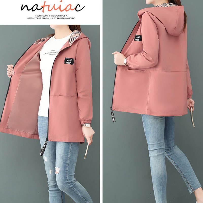 Spring and Autumn Windbreaker Hooded Jacket Loose Casual Mid-length Temperament All-match Jacket Women