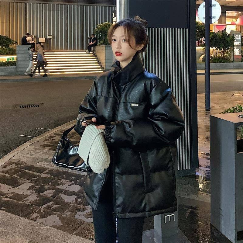 Winter Korean Style Jacket Super Shiny PU Leather Loose Thick Padded Coat Cotton Jacket Women
