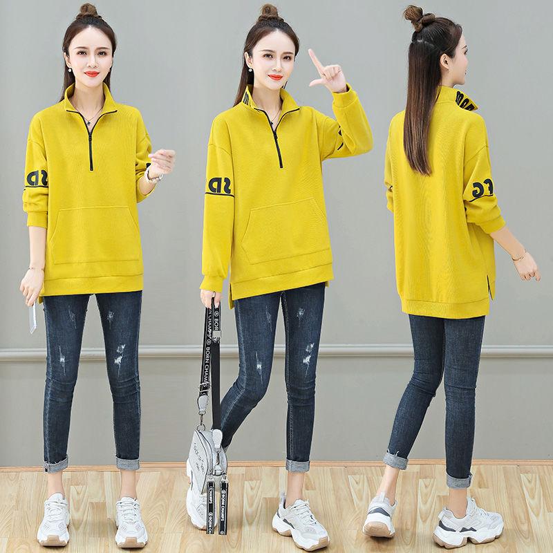 Mid-length Stand-up Collar Cotton Sweat Women Spring and Autumn Loose Pullover Blouse Fashionable Slim Coat
