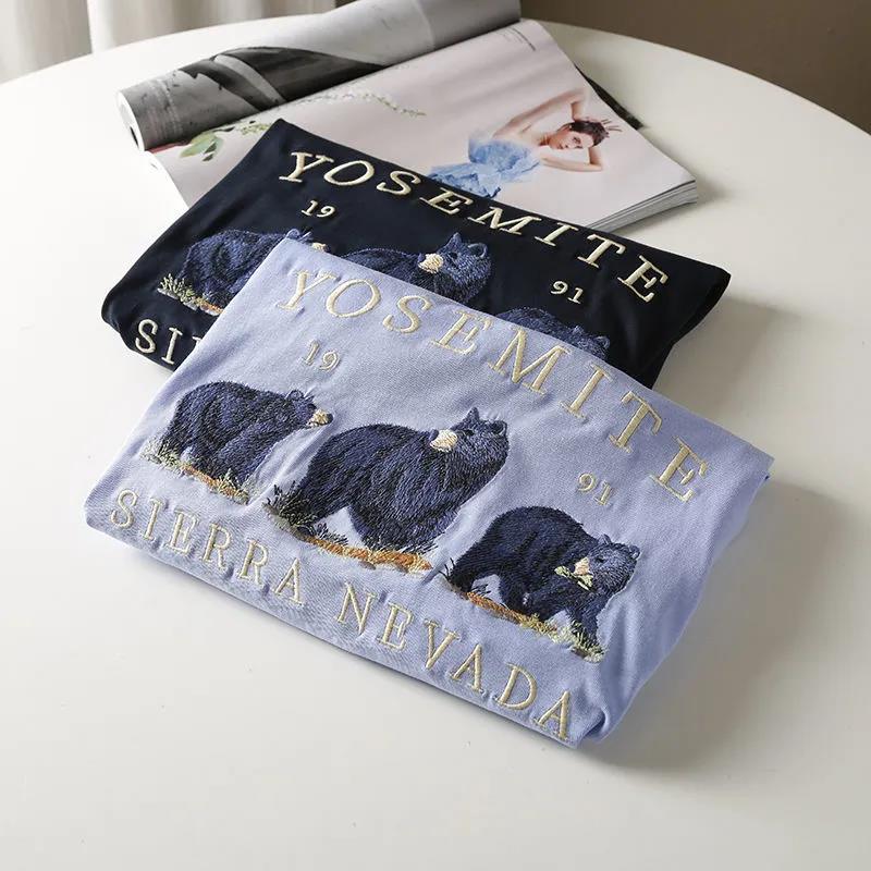 Little bear embroidery Cotton T -Shirt Women Tops Round Neck  Casual Tops Tee