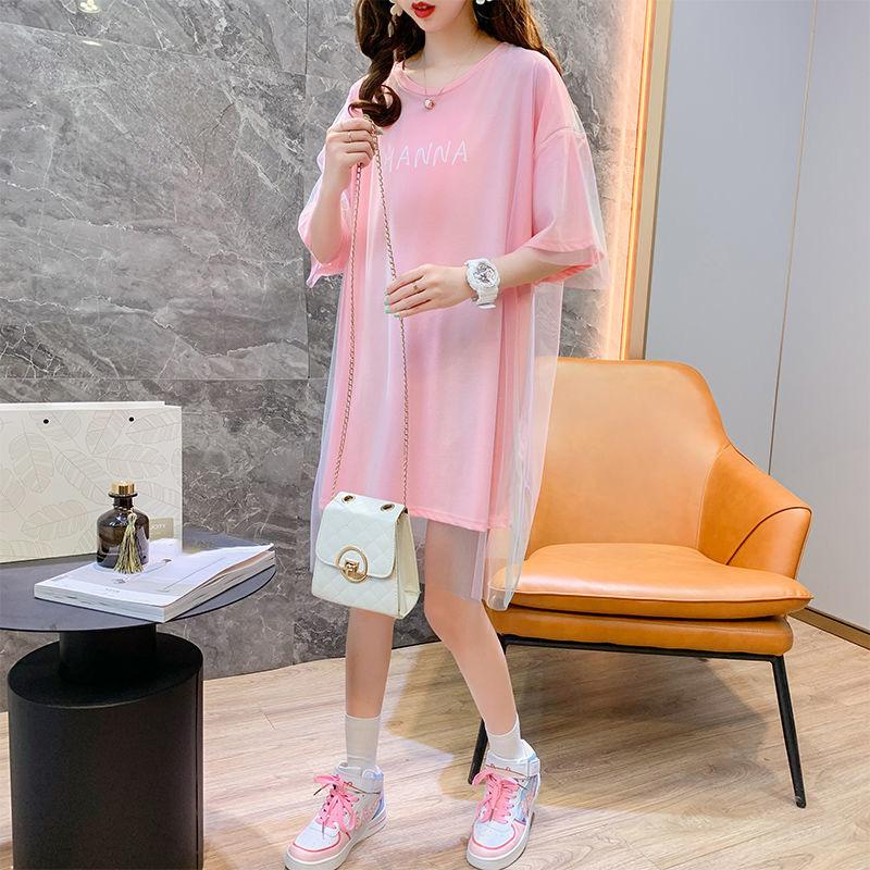 Summer Dress Women Loose O-Neck Short Sleeve Casual Above Knee T-shirt Dress  Round Neck Mesh