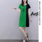 Mid-length Dress Loose and Thin, Covering The Meat Casual Dress Women's Round Neck Short Sleeve Stitching Color Dress Loose and Comfortable