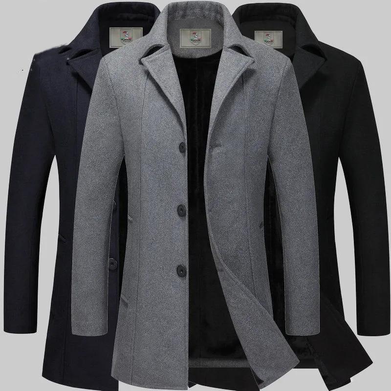 Men's Autumn and Winter Thick Woolen Coat Mid-length Slim Business Coat Winter Single-breasted Wool Trench Coat Solid Casual Suit Collar Warm Outfit