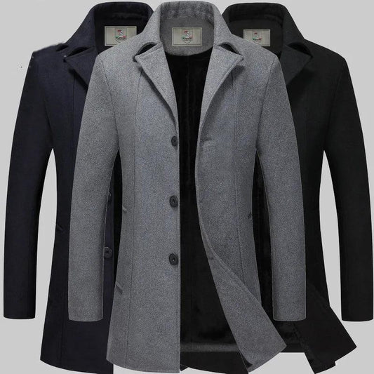 Men's Autumn and Winter Thick Woolen Coat Mid-length Slim Business Coat Winter Single-breasted Wool Trench Coat Solid Casual Suit Collar Warm Outfit