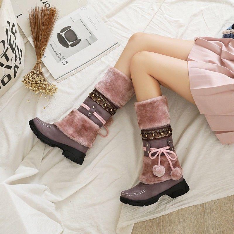 Bohemian Women's Snow Boots Beaded Fur Ball Thick Bottom High Boots Plus Velvet Calf-high Boots Plus Size 35-43