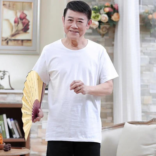 Dad Summer Middle-aged and Elderly Pure Cotton Short-sleeved T-shirt Male Grandpa White Sweatshirt Old Man Clothes Summer Half-sleeved T-shirt