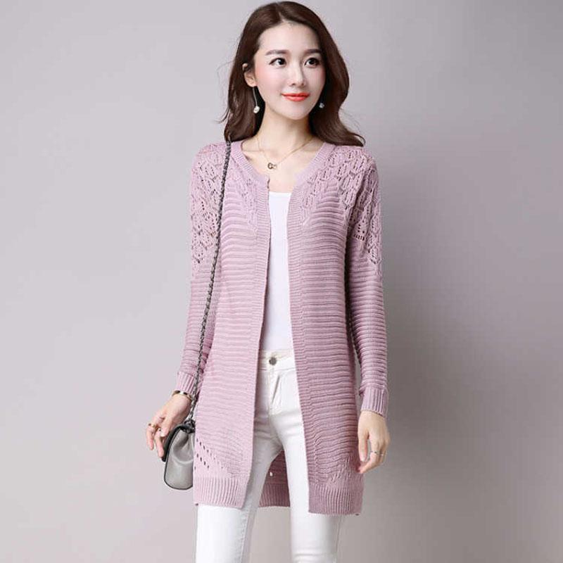 Spring and Autumn Mid-length Sweater Knitted Cardigan Hollow Top Solid Color All-match Female Jacket