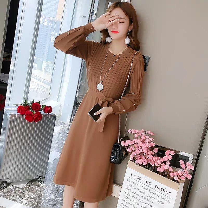 Autumn and Winter Long Solid Color Sweater Knitted Lantern Sleeve Dress Fashion Simple Women Sweater Dress