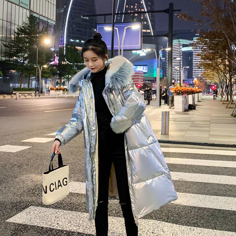 Women's Glossy Loose Down Jacket Mid-length Korean Thick Coat Warm Cotton Coat with Big Fur Collar Winter Quilted Jacket