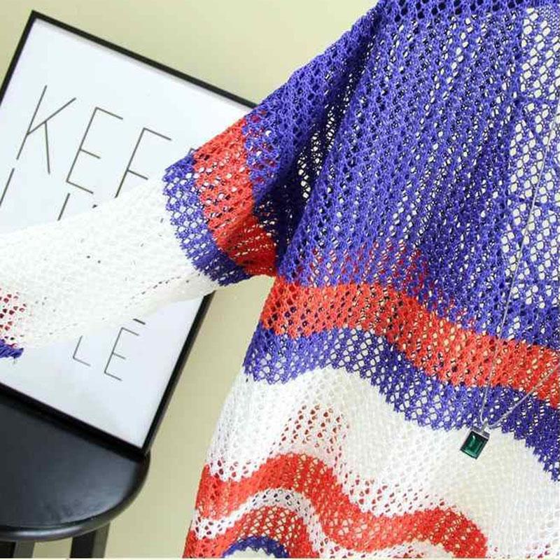 Loose Ice Silk Sunscreen Tops Thin Hollow Knitted Blouses Women's Casual Tops Personality Hollow Color Matching Sweet Pullovers