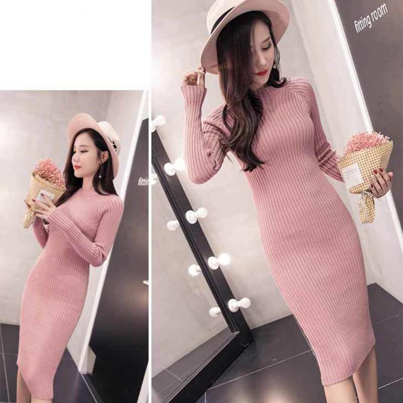 Pofulove Long Hip Knit Dress Over-The-Knee Sweater Dress Women's Half-High-Neck Slim Fit Thickened