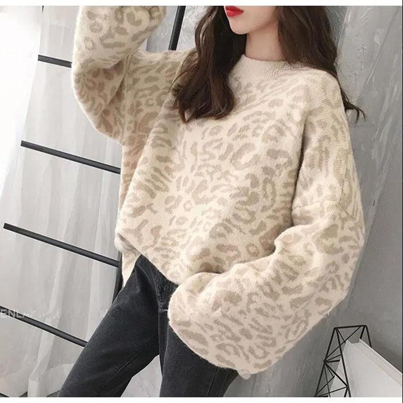 Autumn and Winter Ladies Sweater Leopard Print Knit Sweater, Oversized Casual Loose O Neck Knitwear Top