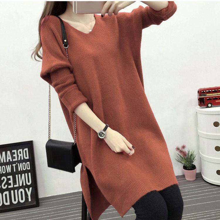 Oversized Women's Loose Bottoming Shirt Autumn and Winter V-neck Mid-length Knit Sweater Pullover Casual Coat