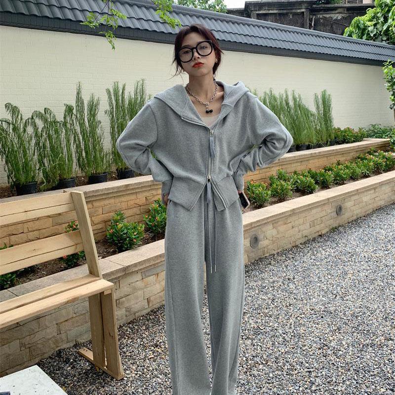 Double Zip Hooded Sweater Outer Sportswear Spring Loose Solid Color Casual Trousers Drawstring Sweatpants