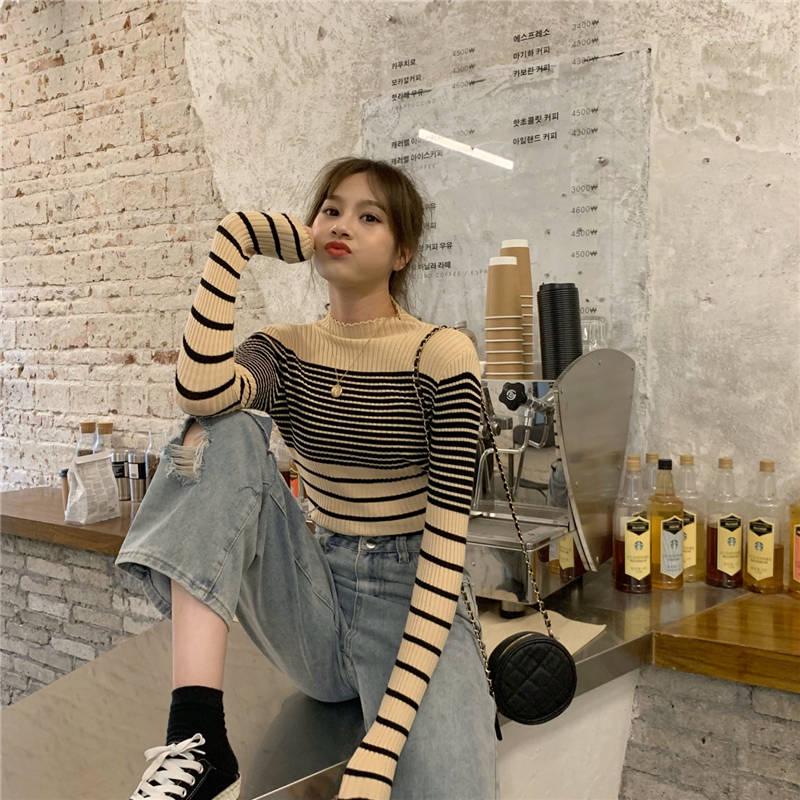 Pofulove Long Sleeve Sweater Inner Net Red Sweater Bottoming Blouse Korean Slim Turtleneck Striped