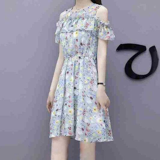 Chiffon Dress Women's Waist Slimming Strapless Skirt One-shoulder Floral Skirt A-line Dress Floral Short Skirt Fabric Lightweight and Breathable