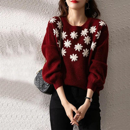 Sweater Women's Plate Flower Round Neck Pullover Knitwear Korean Loose Solid Color Ladies Style Trending Sweater Autumn Winter