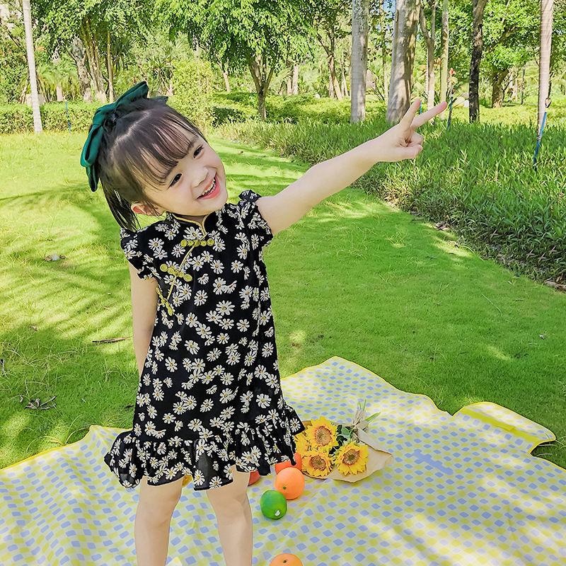 Spring and Summer Girls, Small and Medium-sized Children Western Style Floral Lotus Leaf Princess Dress Flying Sleeve Cheongsam Dress One-piece Skirt