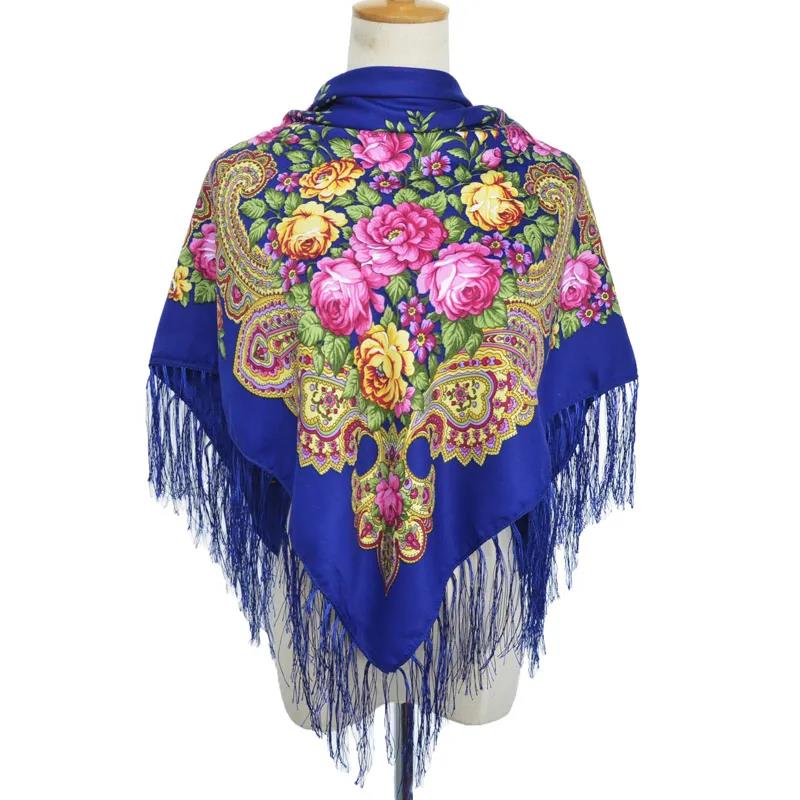 Muslim Women's Autumn Winter Pullover Scarf Cotton Printed Fringe Multifunctional Square Scarf Ethnic Wind Sand-proof Shawl Embroidery Tassels Scarves