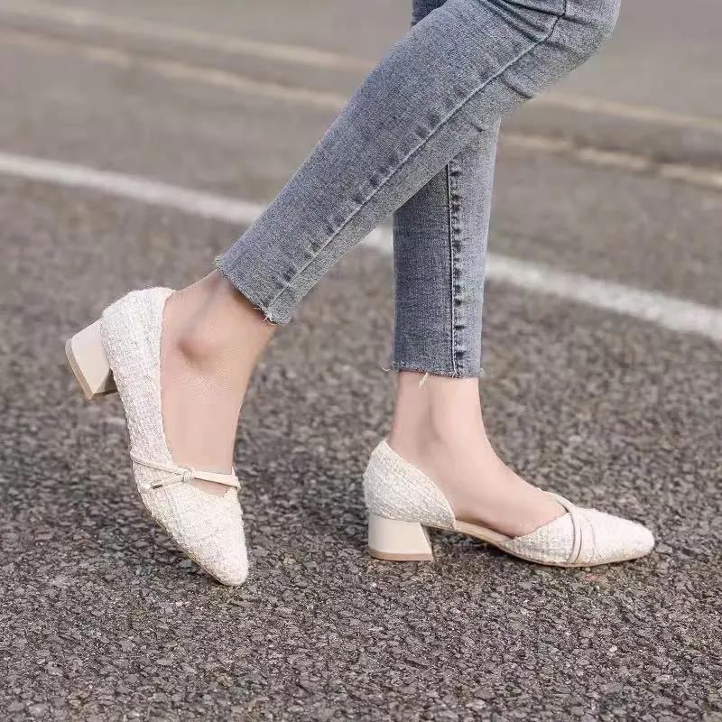 Shallow Mouth Pointed Toe Side Hollow Thick Heel Mid-heeled Shoes Women Working At Work Can Wear Mid-heeled High-heeled Shoes Sweet Style
