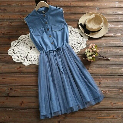 Korean Dresses Women Pink Summer Net Yarn Hem Sleeveless Midi Shirt Dress Drawstring Belt Slim Blouse Girl Uniform Casual Dress