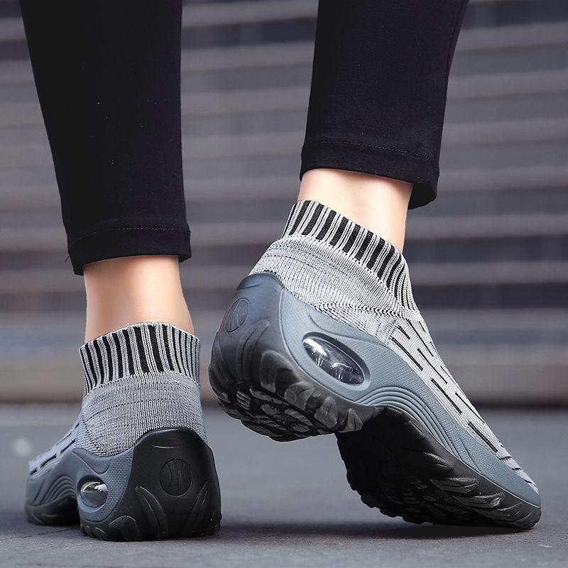Women's Mid High-heeled Sneakers Casual Breathable Mesh Sports Shoes Running Flat Shoes Slip on Thick-soled Dance Shoes