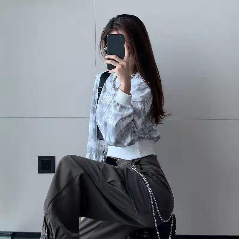 Women's Retro Tie Dye Sweater Loose Thin Lazy Style Short Long Sleeve Top Cropped Navel Statement Top Athletic Girl Pullover Dark Sweatshirt