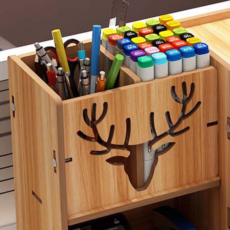 Creative Wooden Pen Holder Office Desk Shelf Student Home Small Object Storage Box