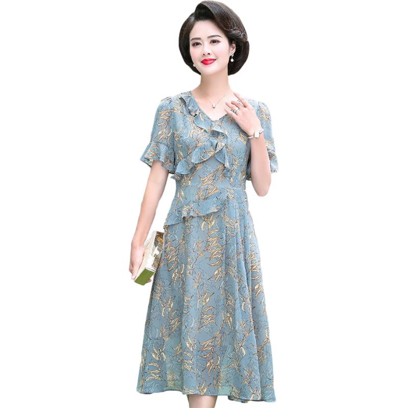 Chiffon Dress Spring Summer Ladies Irregular Over The Knee Long Dress Retro Lotus Leaf Floral Dress Round Neck Short Sleeves