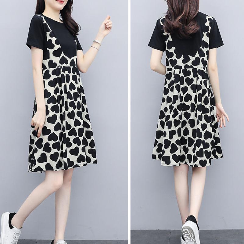 1 Pcs Stitching Short Sleeve Dress Plus Size Women's Clothing Spring Summer S-XXXL Loose Love Heart Shape Print